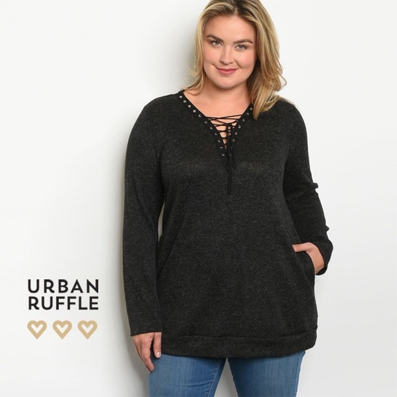 Curvy Fit Charcoal Lace Up Top - Picture 1 of 3